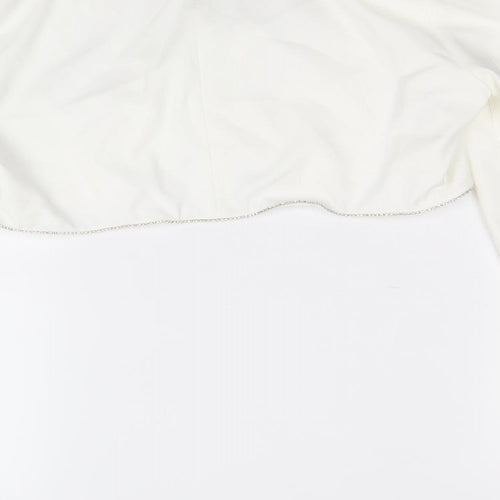 Zara Womens White Polyester Cropped Blouse Size XL Round Neck - Diamante Trim