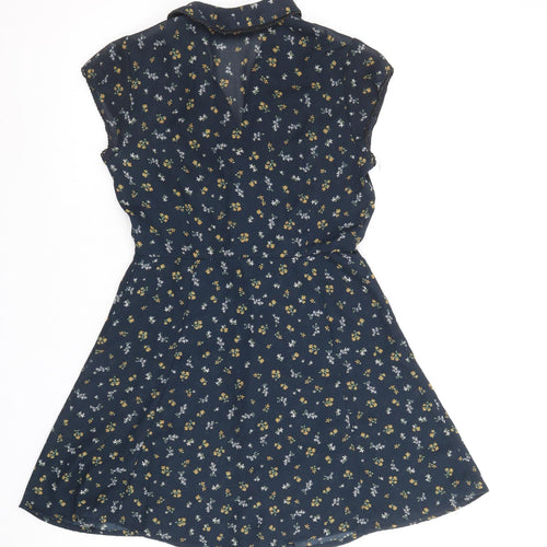 Cooperative Womens Blue Floral Polyester Fit & Flare Size XS V-Neck Button