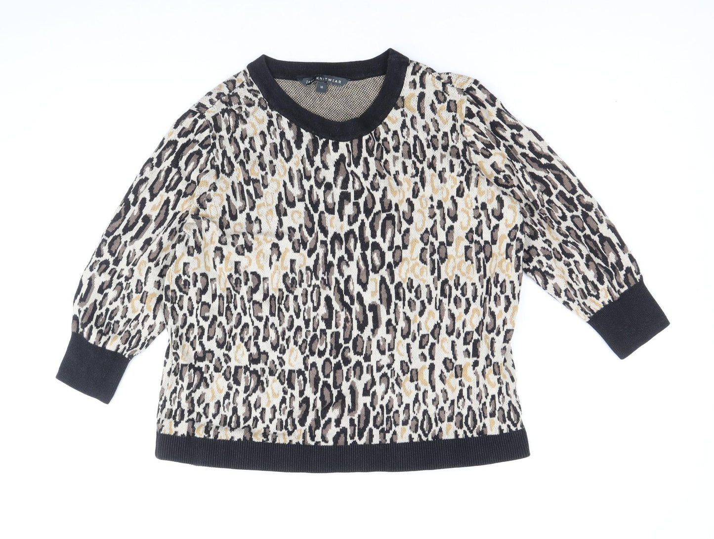 Bonmarché Womens Beige Round Neck Animal Print Viscose Pullover Jumper Size 16 - Leopard Pattern