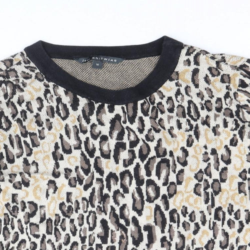 Bonmarché Womens Beige Round Neck Animal Print Viscose Pullover Jumper Size 16 - Leopard Pattern