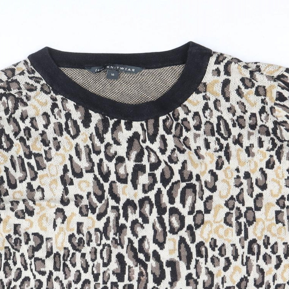 Bonmarché Womens Beige Round Neck Animal Print Viscose Pullover Jumper Size 16 - Leopard Pattern