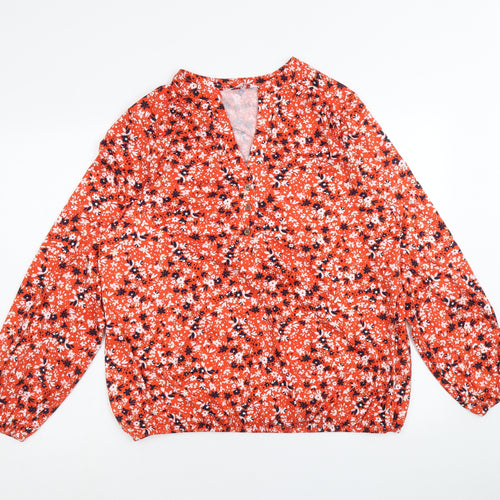 Julipa Womens Red Floral Polyester Basic Blouse Size 16 V-Neck - Elastic Hem