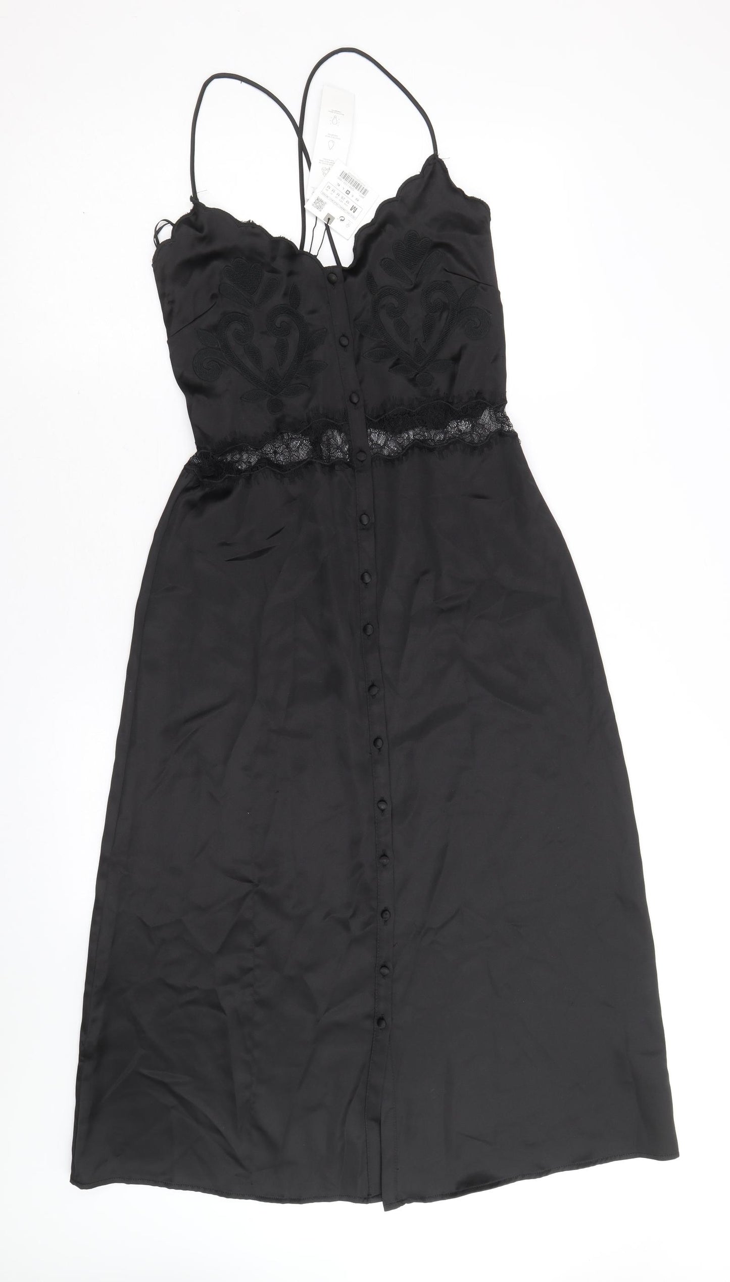 Zara Womens Black Polyester A-Line Size M V-Neck Button - Lace waist