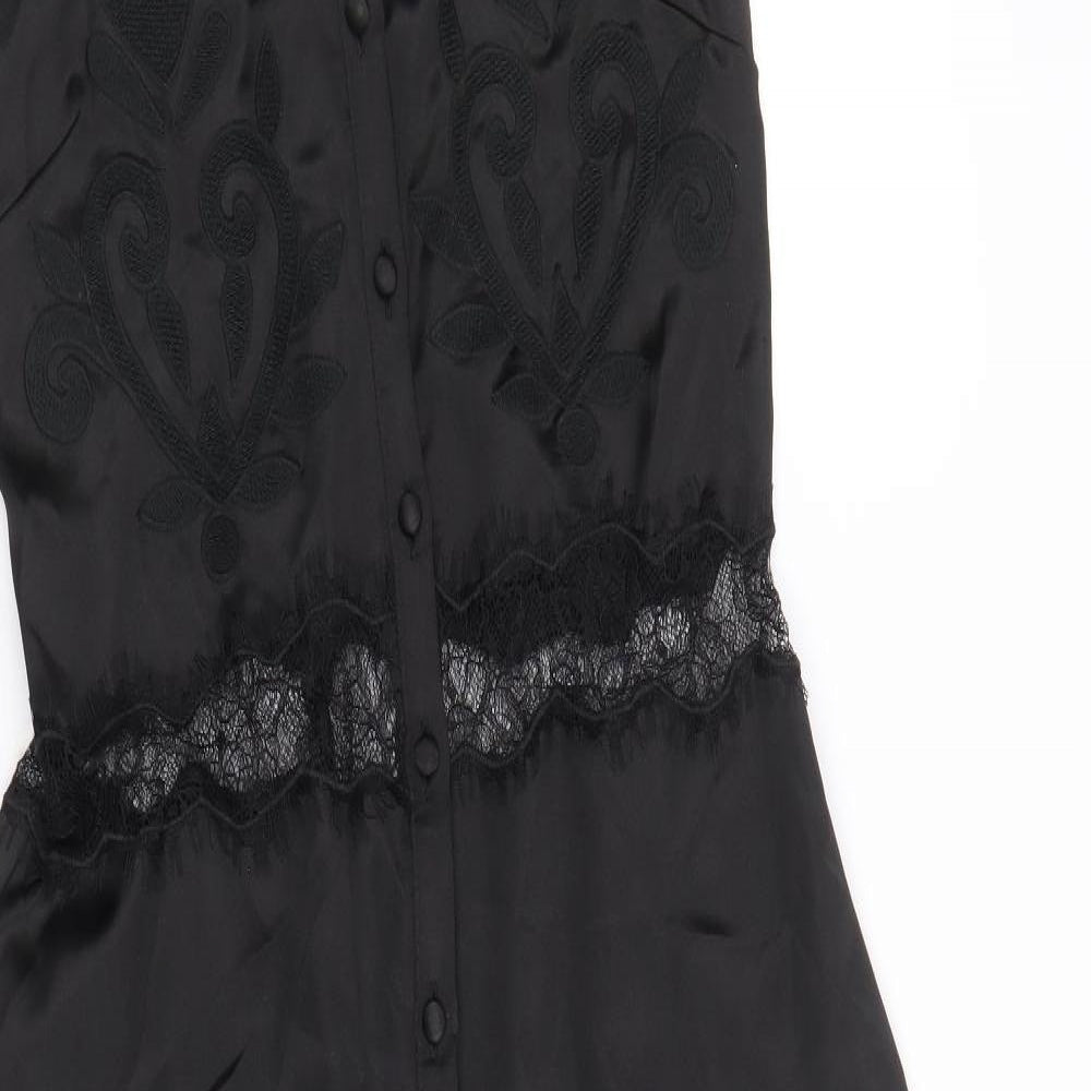 Zara Womens Black Polyester A-Line Size M V-Neck Button - Lace waist