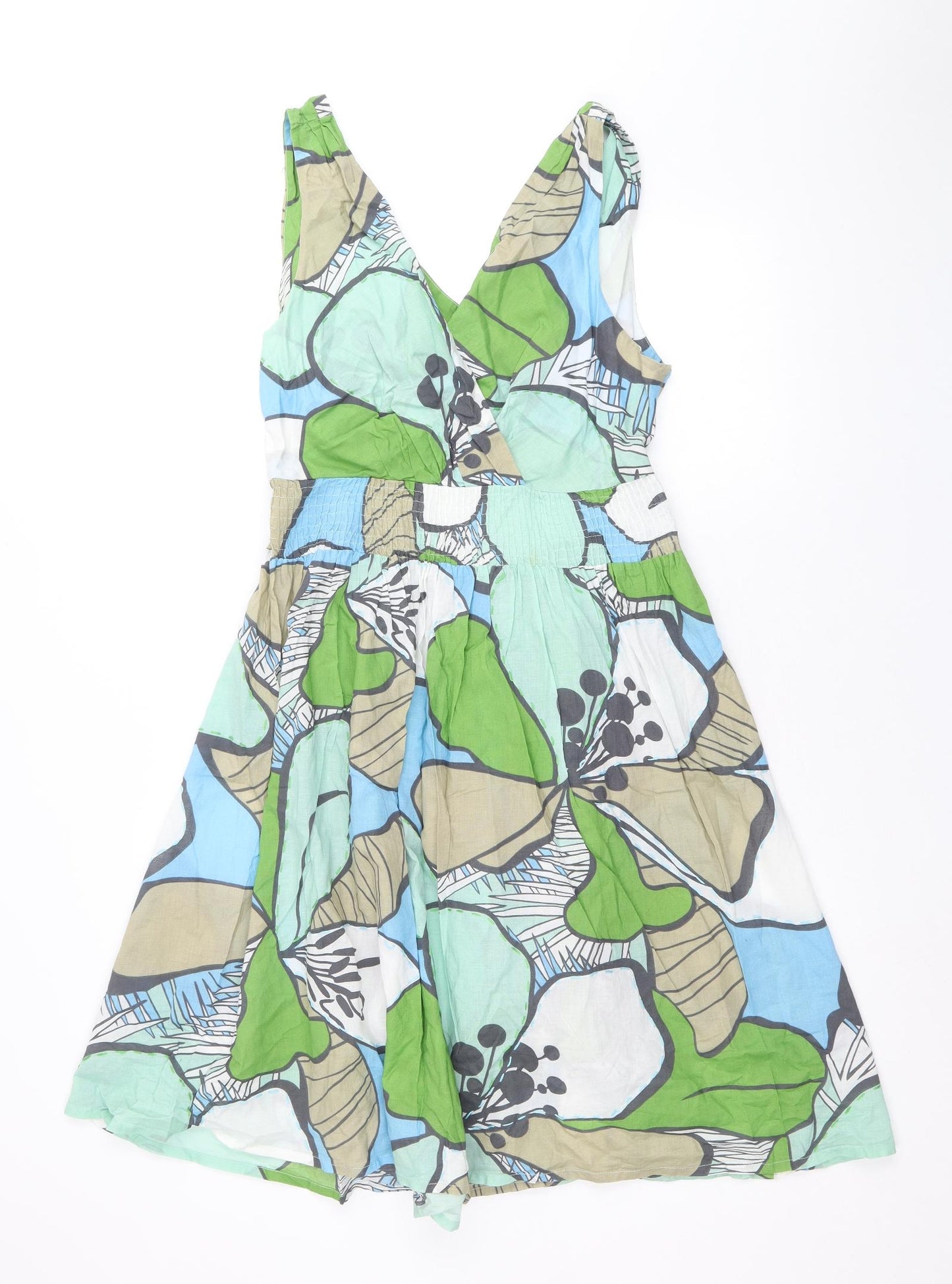NEXT Womens Green Floral 100% Cotton Skater Dress Size 16 V-Neck Tie