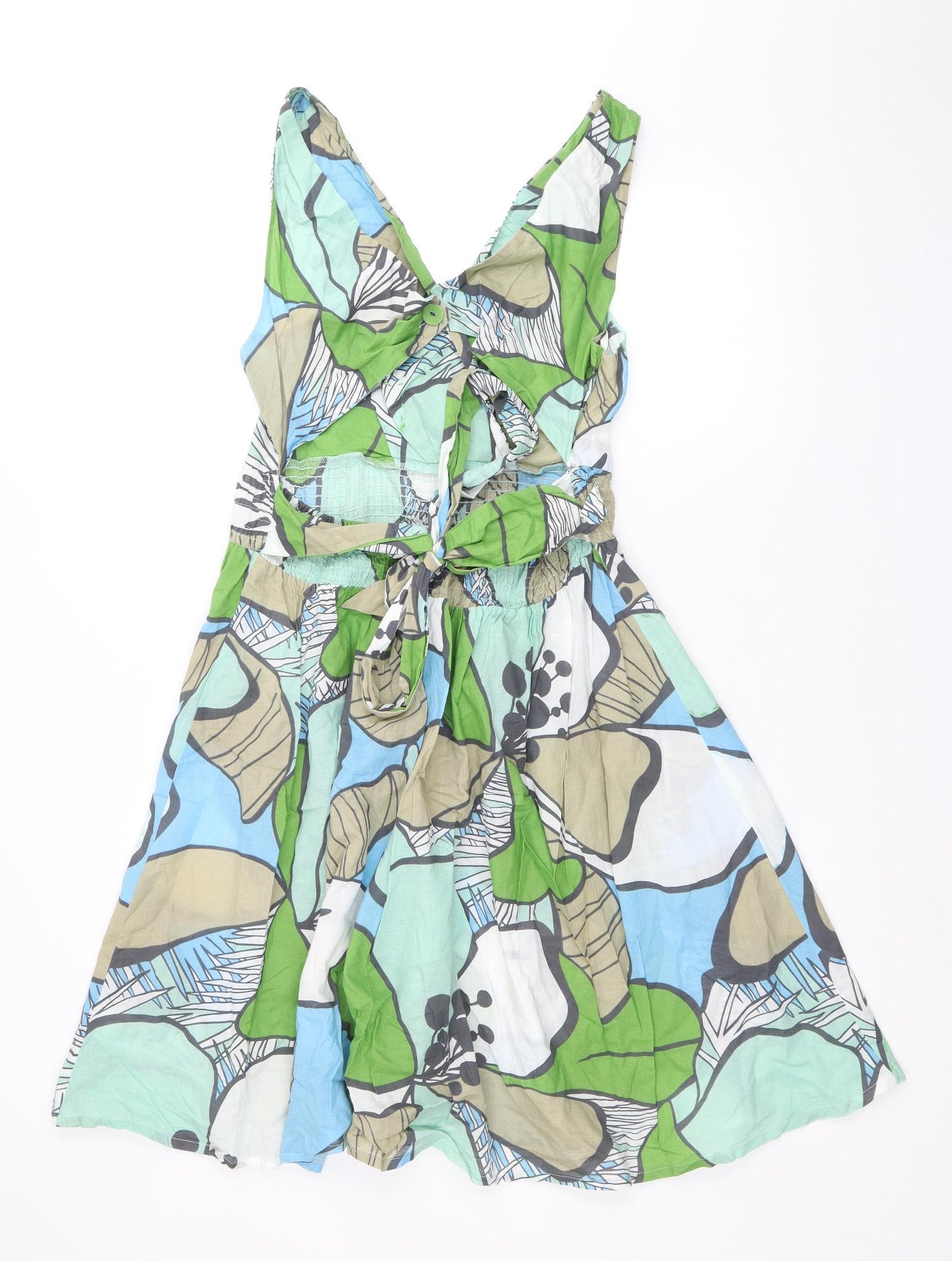 NEXT Womens Green Floral 100% Cotton Skater Dress Size 16 V-Neck Tie