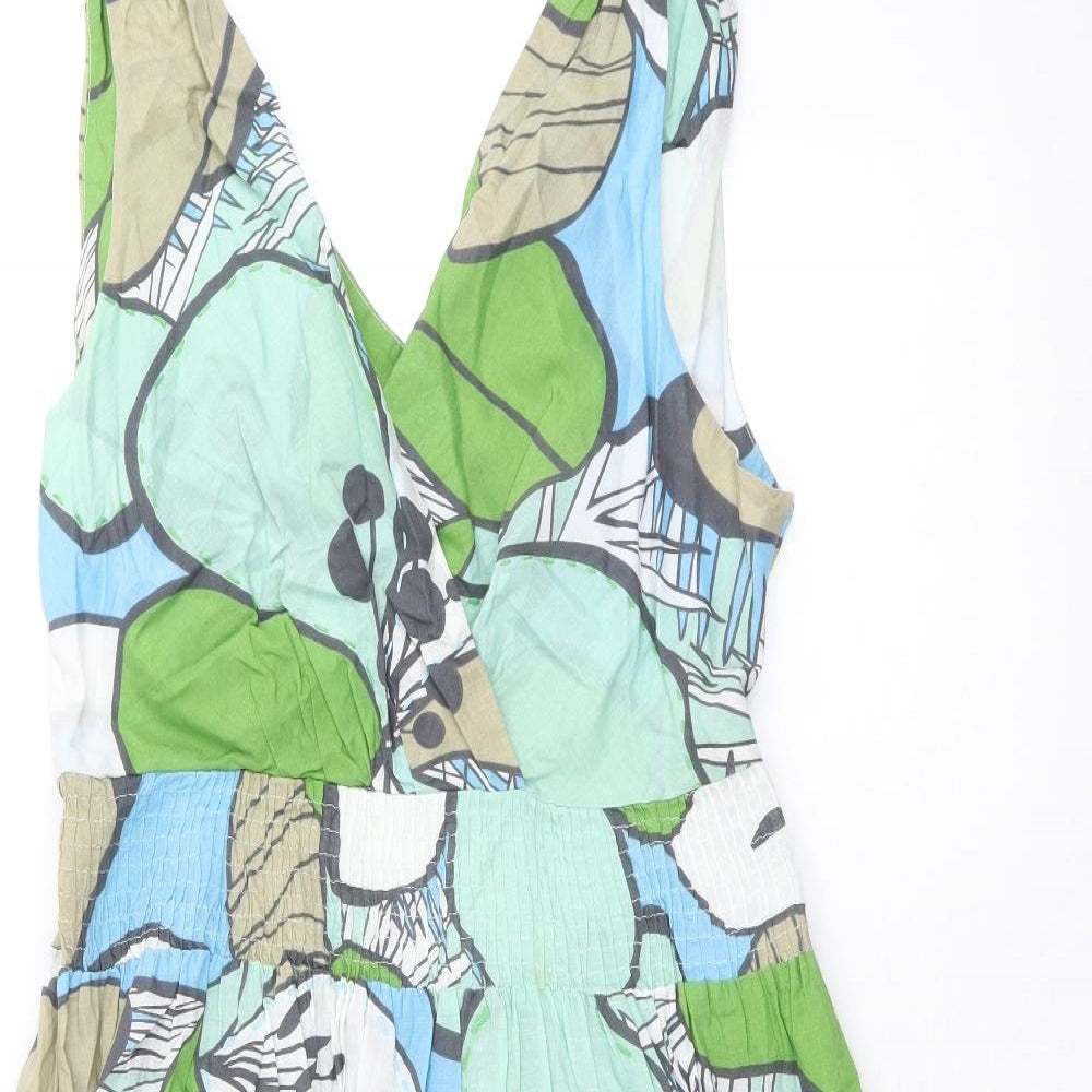 NEXT Womens Green Floral 100% Cotton Skater Dress Size 16 V-Neck Tie