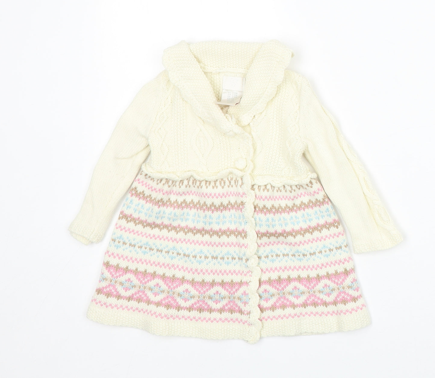 Preworn Girls Ivory Fair Isle Cotton Jumper Dress Size 3-6 Months Collared Snap