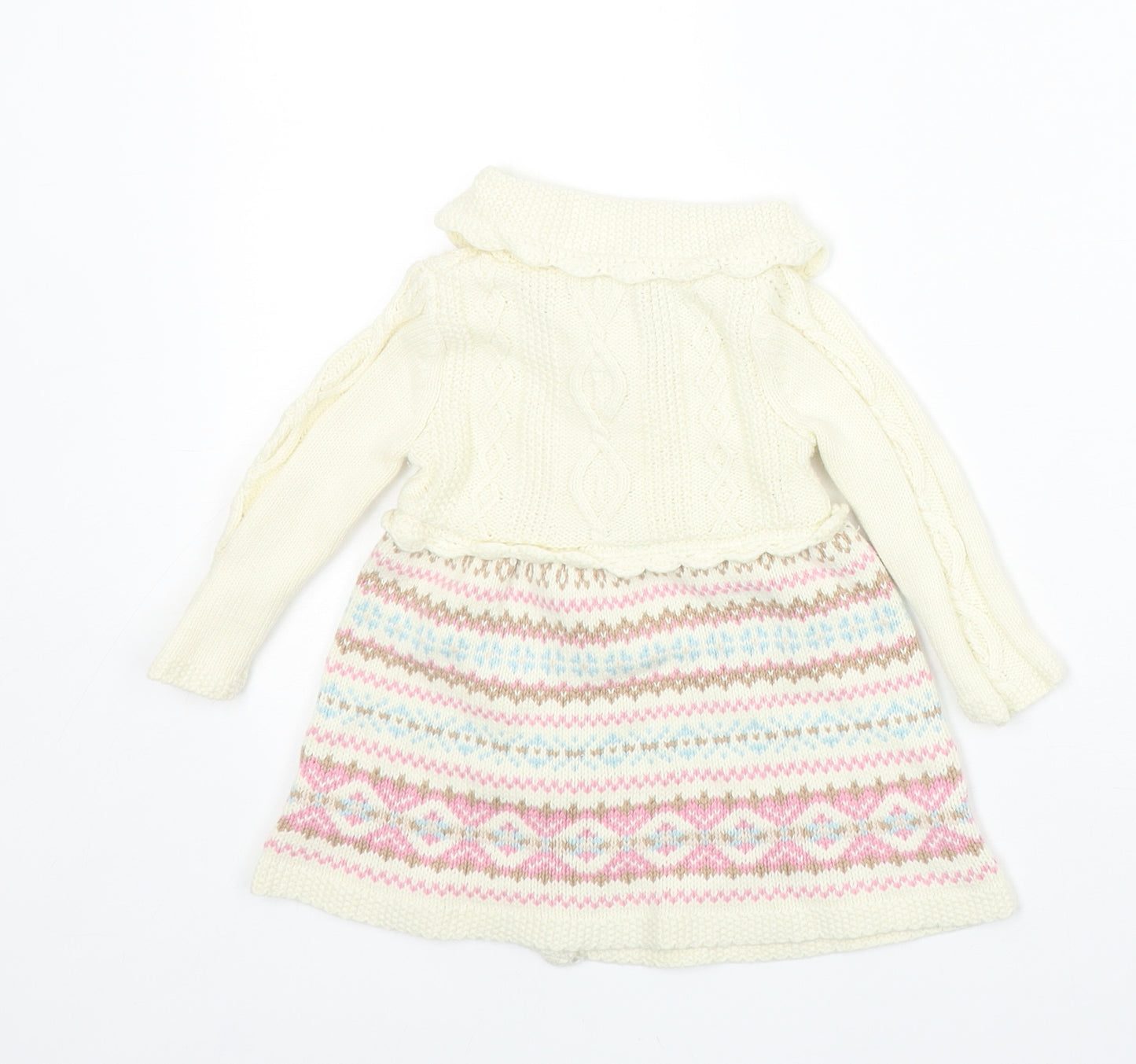 Preworn Girls Ivory Fair Isle Cotton Jumper Dress Size 3-6 Months Collared Snap