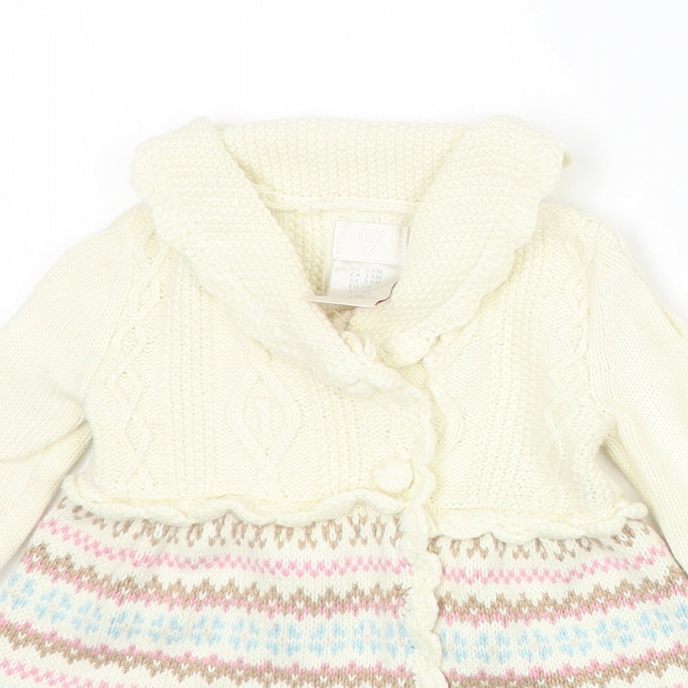 Preworn Girls Ivory Fair Isle Cotton Jumper Dress Size 3-6 Months Collared Snap