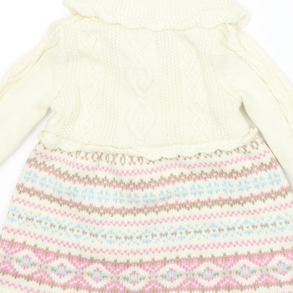 Preworn Girls Ivory Fair Isle Cotton Jumper Dress Size 3-6 Months Collared Snap