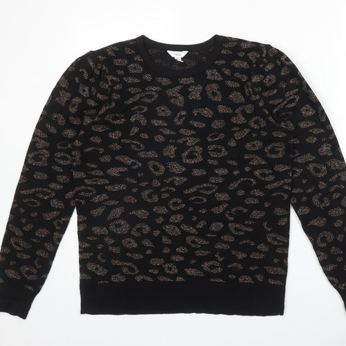 M&Co Womens Black Round Neck Animal Print Cotton Pullover Jumper Size 10 - Leopard Pattern