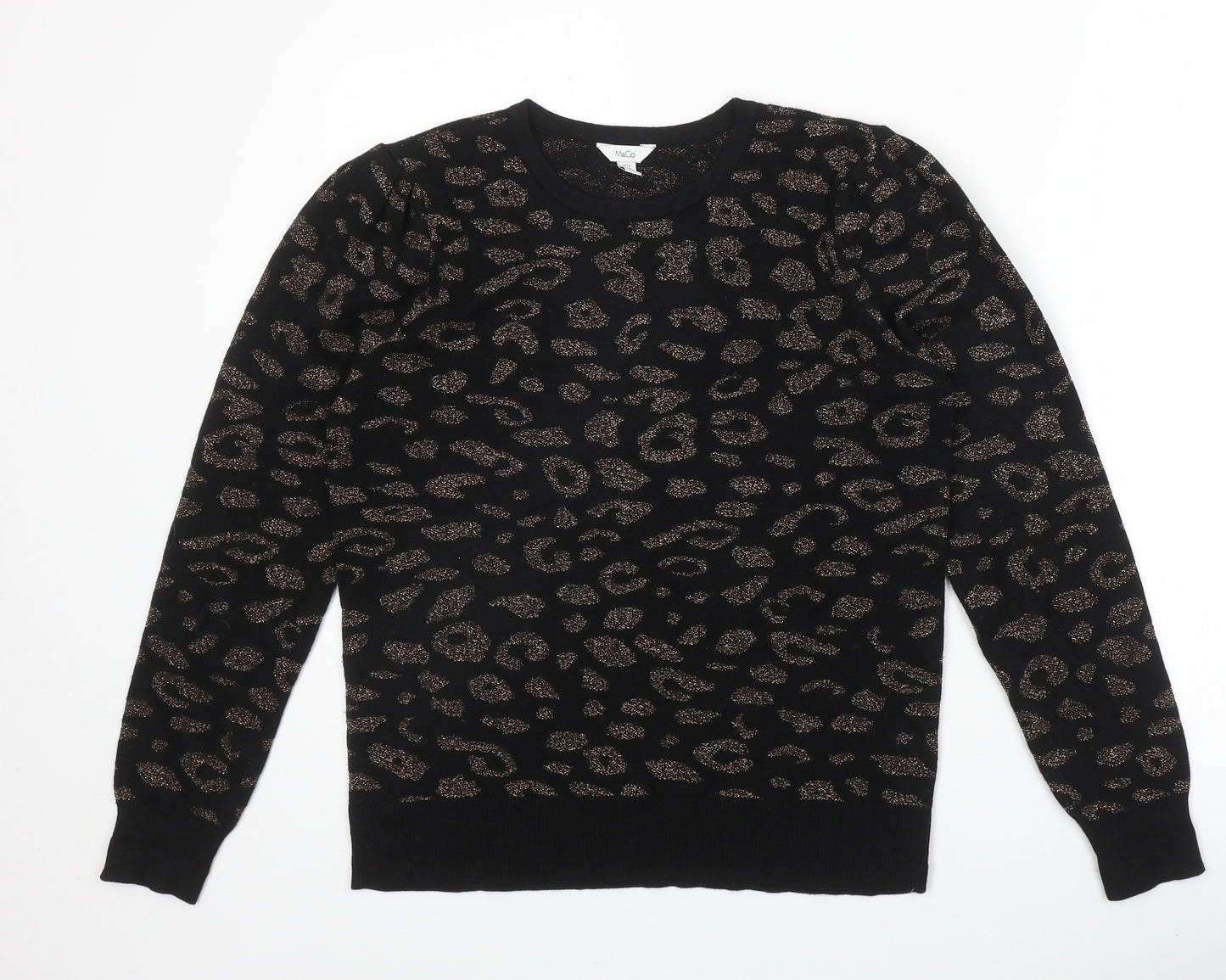 M&Co Womens Black Round Neck Animal Print Cotton Pullover Jumper Size 10 - Leopard Pattern