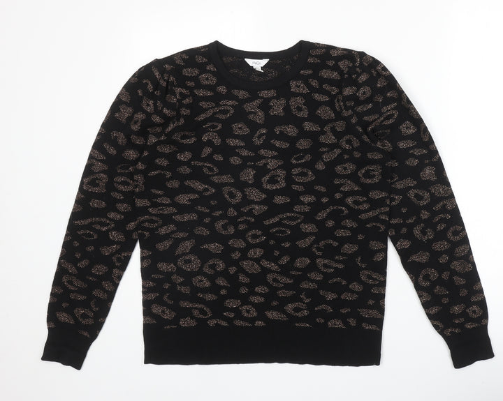 M&Co Womens Black Round Neck Animal Print Cotton Pullover Jumper Size 10 - Leopard Pattern