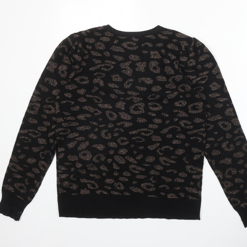M&Co Womens Black Round Neck Animal Print Cotton Pullover Jumper Size 10 - Leopard Pattern