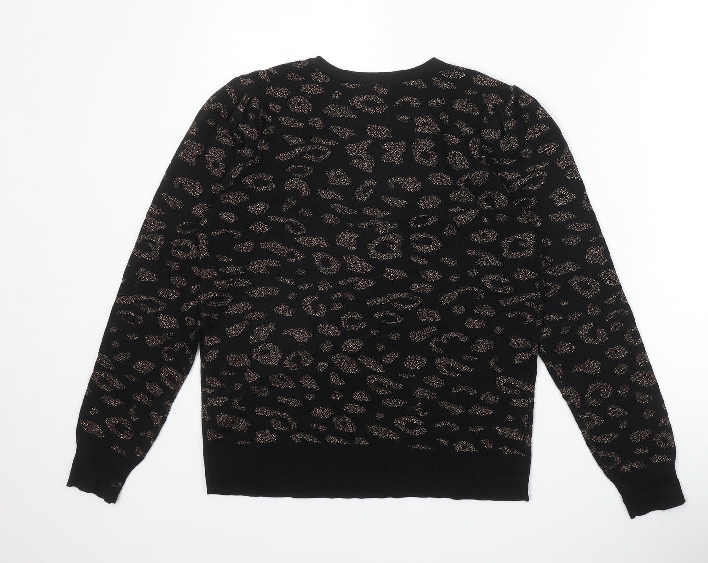 M&Co Womens Black Round Neck Animal Print Cotton Pullover Jumper Size 10 - Leopard Pattern