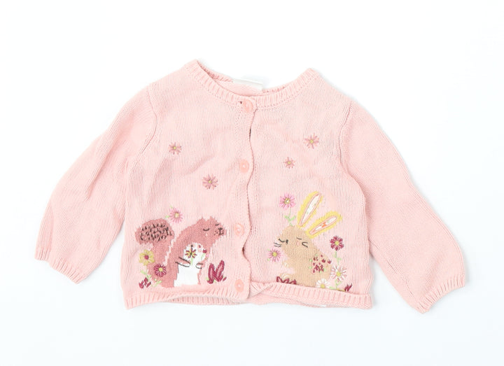 NEXT Girls Pink 100% Cotton Cardigan Jumper Size 3-6 Months Button - Embroidered Appliqués