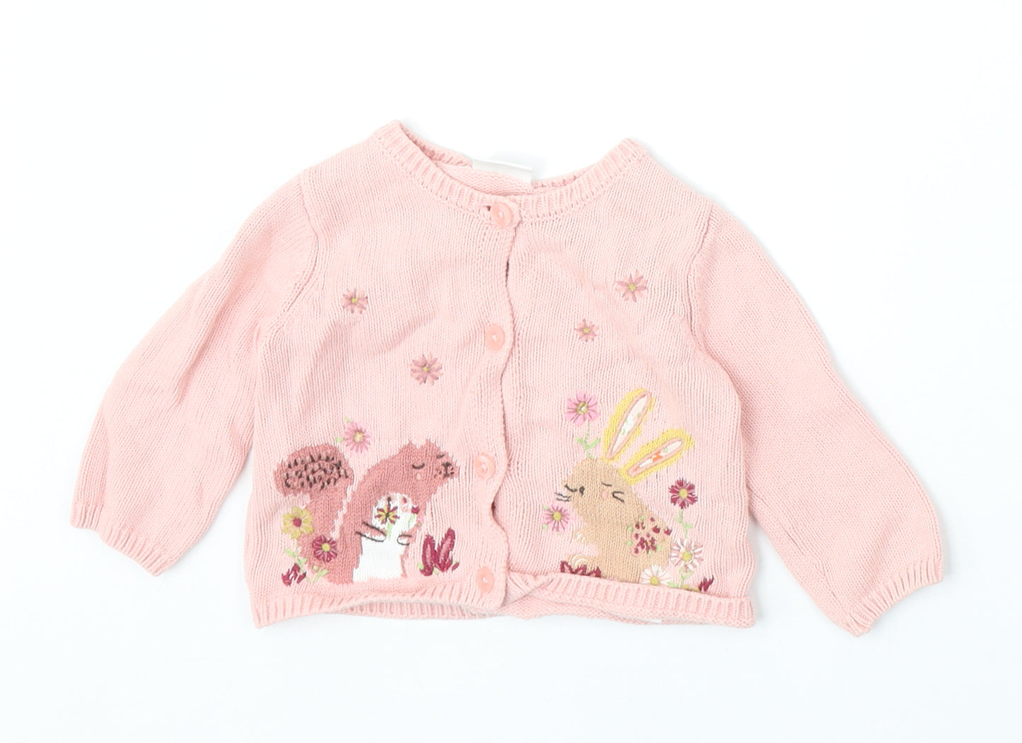 NEXT Girls Pink 100% Cotton Cardigan Jumper Size 3-6 Months Button - Embroidered Appliqués