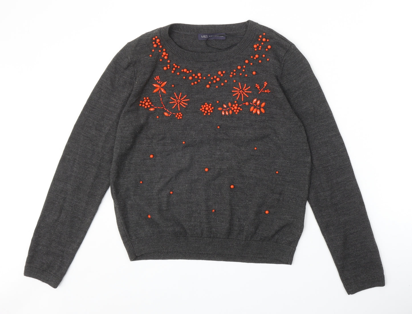 Marks and Spencer Womens Grey Round Neck Floral Acrylic Pullover Jumper Size 14