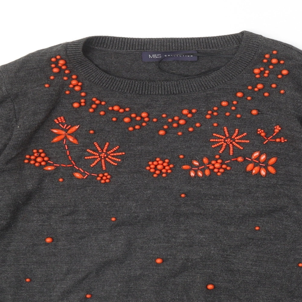 Marks and Spencer Womens Grey Round Neck Floral Acrylic Pullover Jumper Size 14