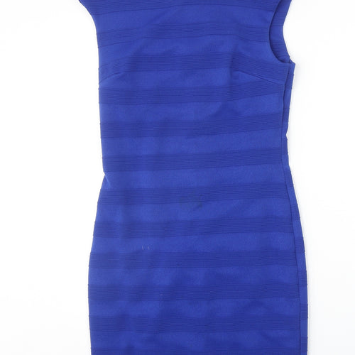 Mela London Womens Blue Striped Polyester A-Line Size 10 Round Neck Zip