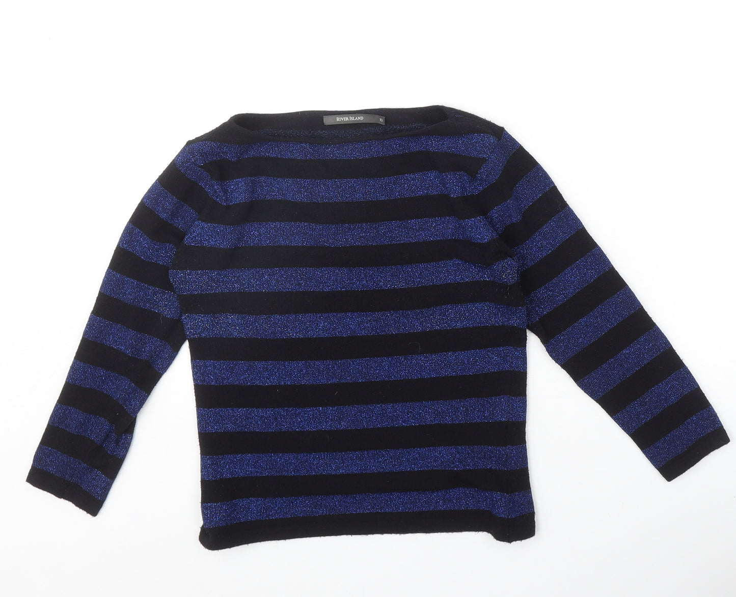 River Island Womens Blue Striped Acrylic Basic T-Shirt Size 10 Round Neck