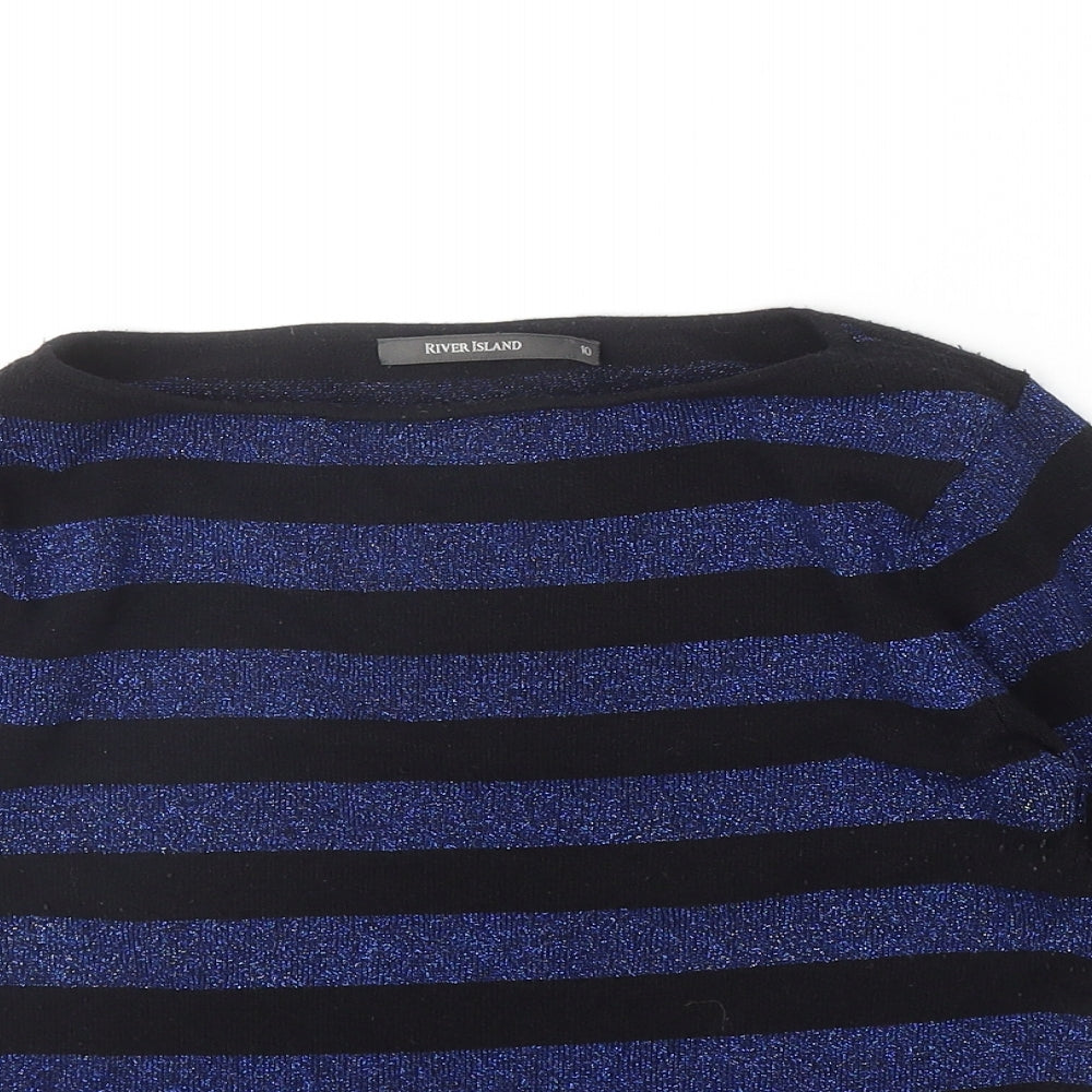 River Island Womens Blue Striped Acrylic Basic T-Shirt Size 10 Round Neck