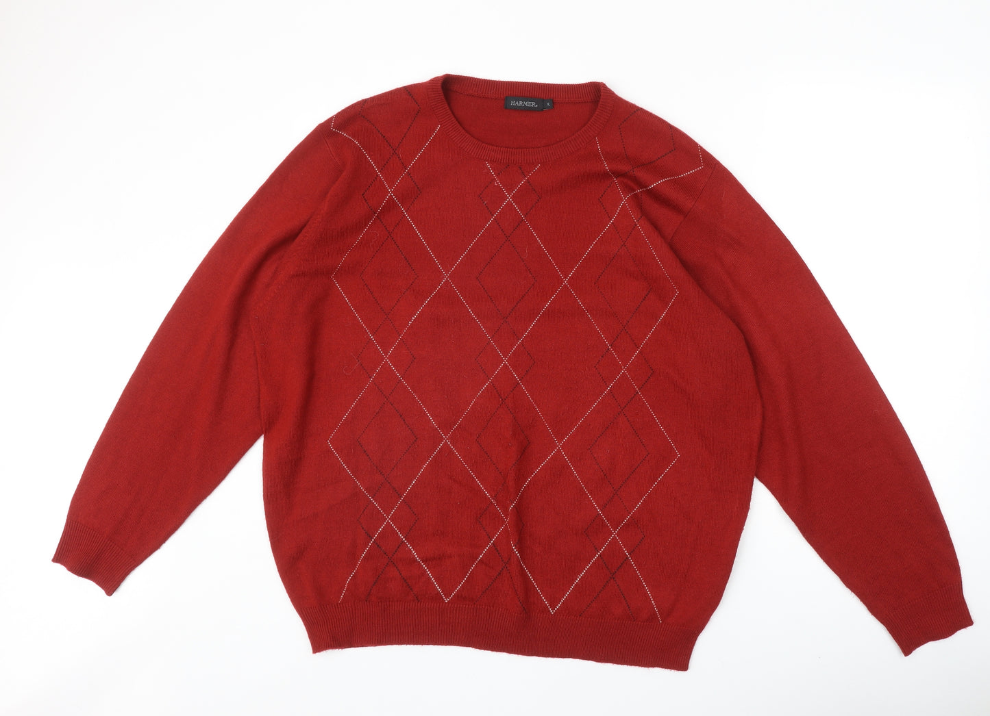 Harmer Mens Red Round Neck Argyle/Diamond Acrylic Pullover Jumper Size XL Long Sleeve