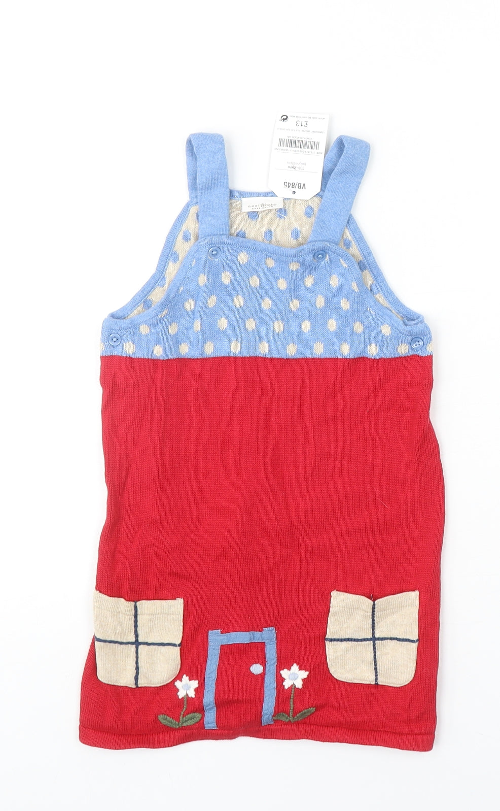 NEXT Girls Red Polka Dot 100% Cotton Pinafore/Dungaree Dress Size 12-18 Months Square Neck Button