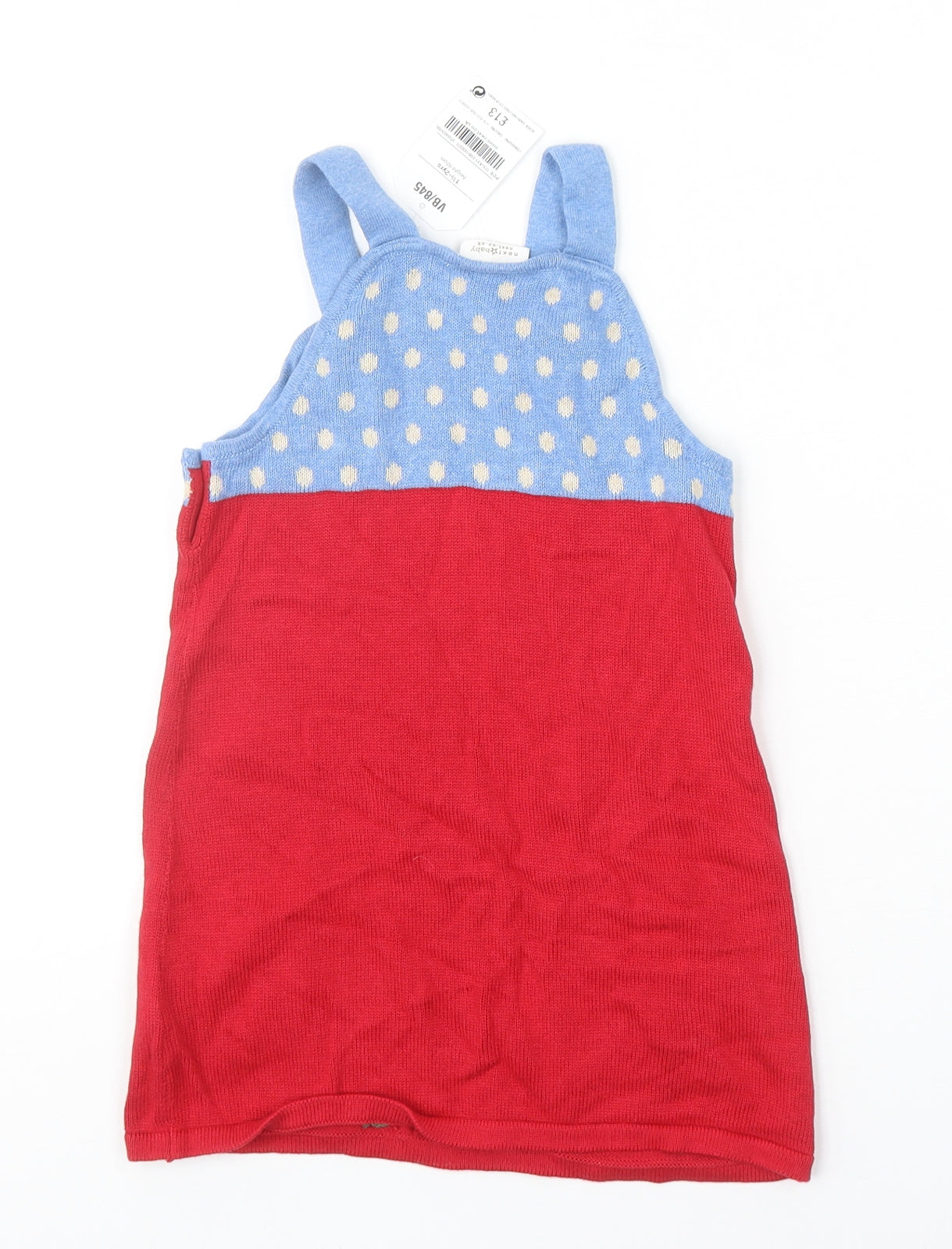 NEXT Girls Red Polka Dot 100% Cotton Pinafore/Dungaree Dress Size 12-18 Months Square Neck Button