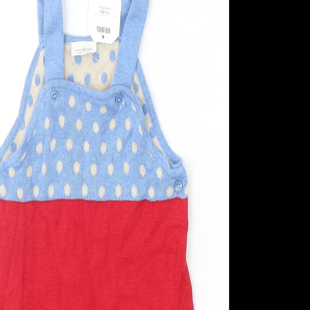 NEXT Girls Red Polka Dot 100% Cotton Pinafore/Dungaree Dress Size 12-18 Months Square Neck Button