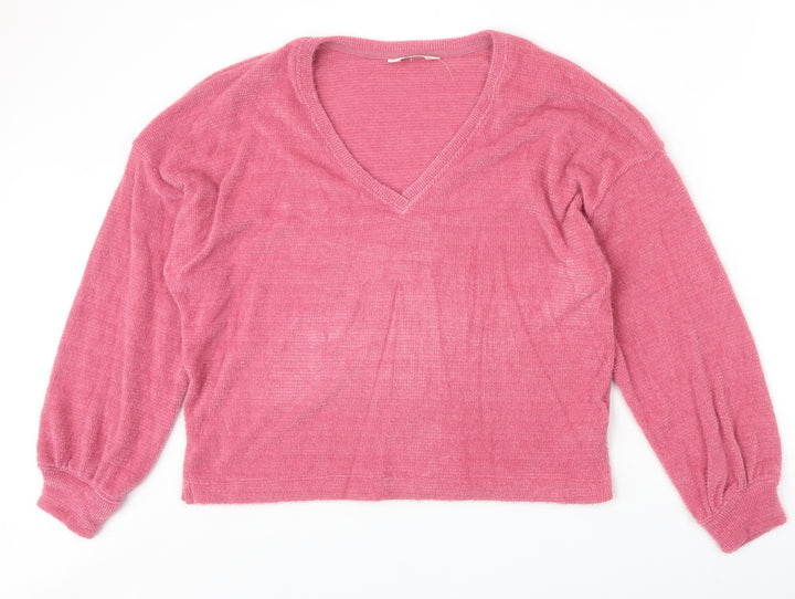 Marks and Spencer Womens Pink V-Neck Polyester Pullover Jumper Size M