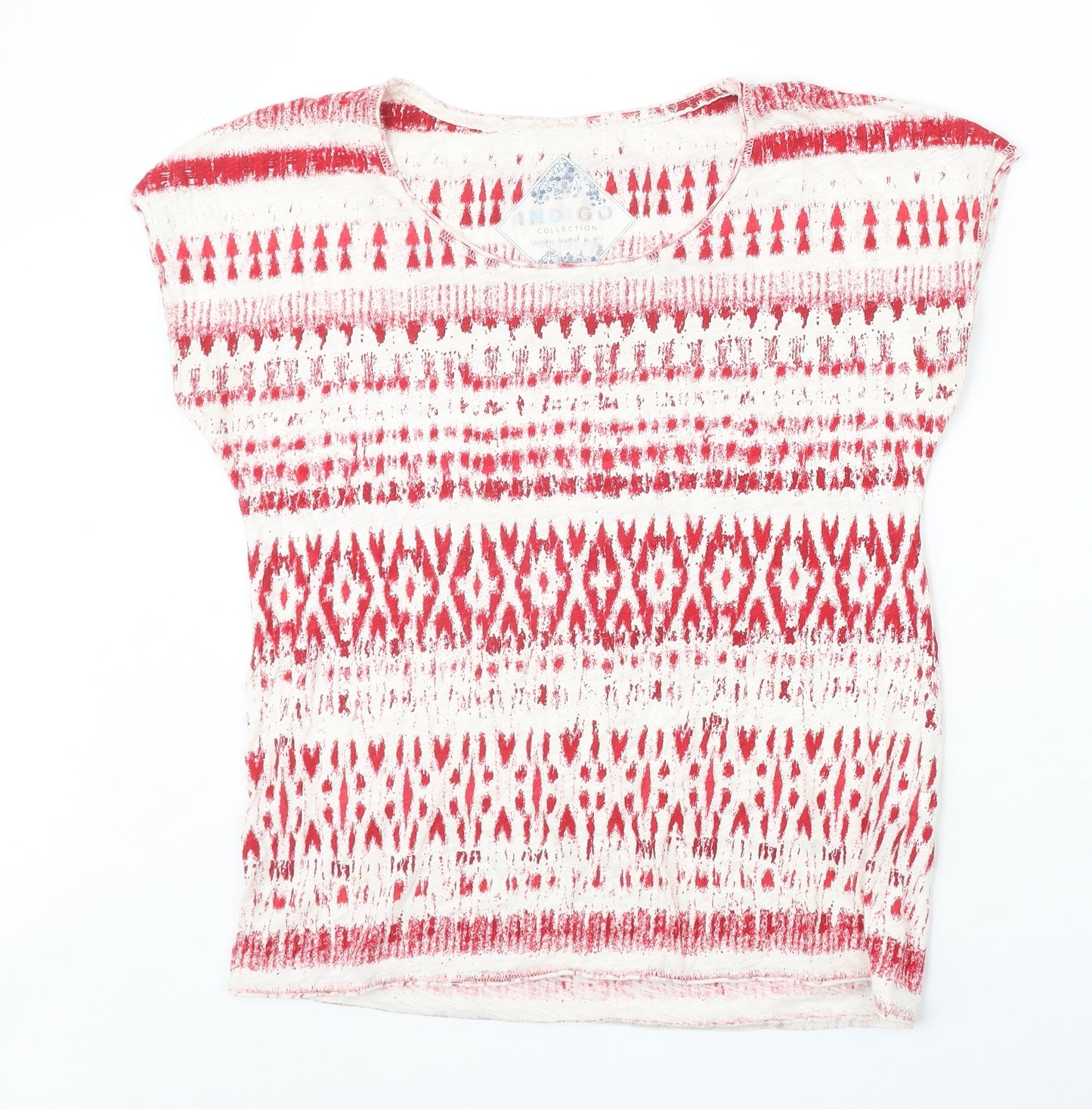 Marks and Spencer Womens Red Geometric 100% Cotton Basic T-Shirt Size 12 Scoop Neck