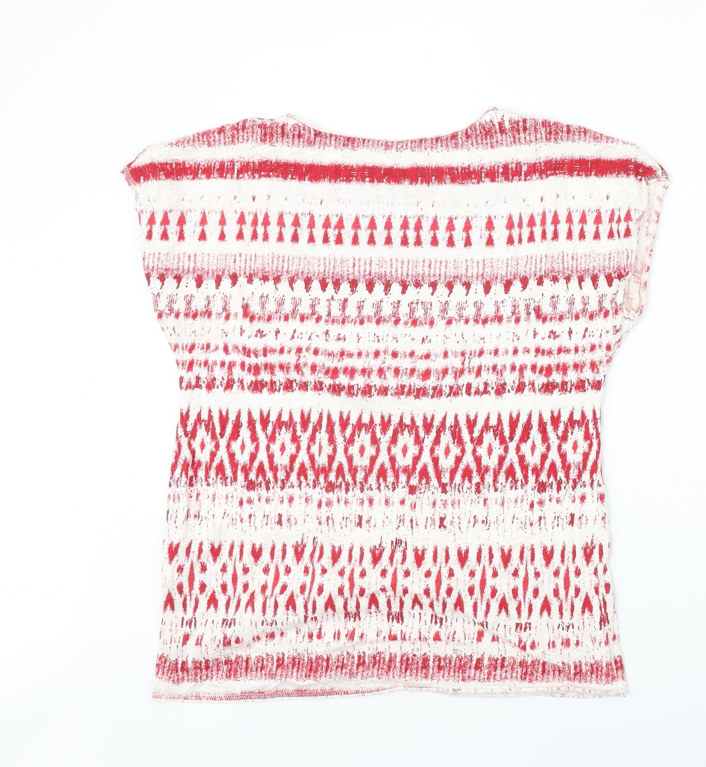 Marks and Spencer Womens Red Geometric 100% Cotton Basic T-Shirt Size 12 Scoop Neck