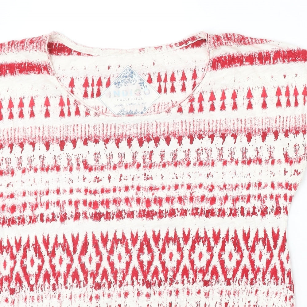 Marks and Spencer Womens Red Geometric 100% Cotton Basic T-Shirt Size 12 Scoop Neck