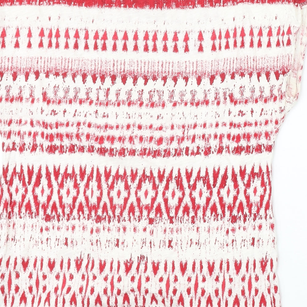 Marks and Spencer Womens Red Geometric 100% Cotton Basic T-Shirt Size 12 Scoop Neck