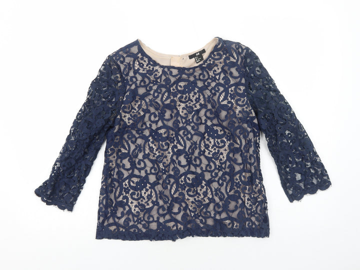H&M Womens Blue Geometric Polyester Basic Blouse Size S Round Neck