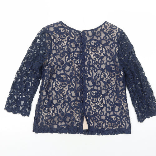 H&M Womens Blue Geometric Polyester Basic Blouse Size S Round Neck
