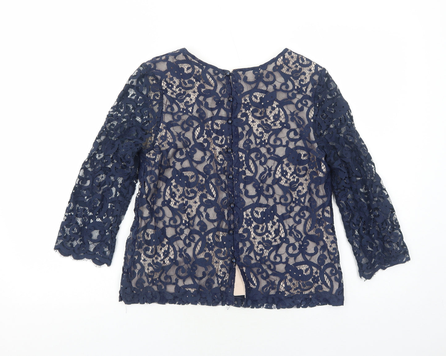 H&M Womens Blue Geometric Polyester Basic Blouse Size S Round Neck