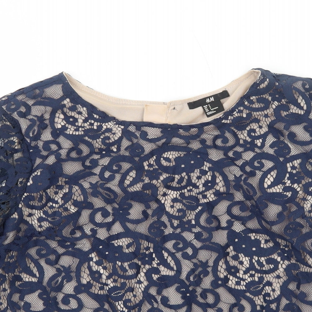 H&M Womens Blue Geometric Polyester Basic Blouse Size S Round Neck