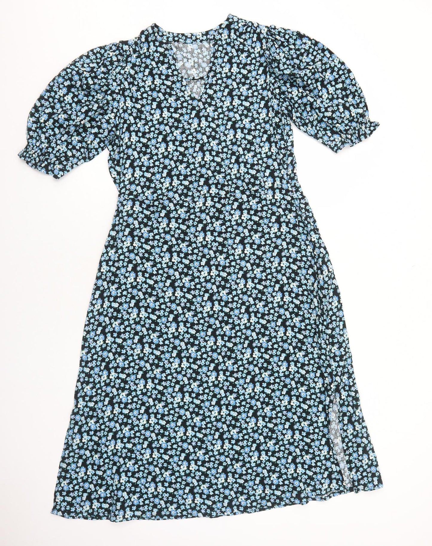 F&F Womens Blue Floral Viscose Trapeze & Swing Size 8 V-Neck Pullover