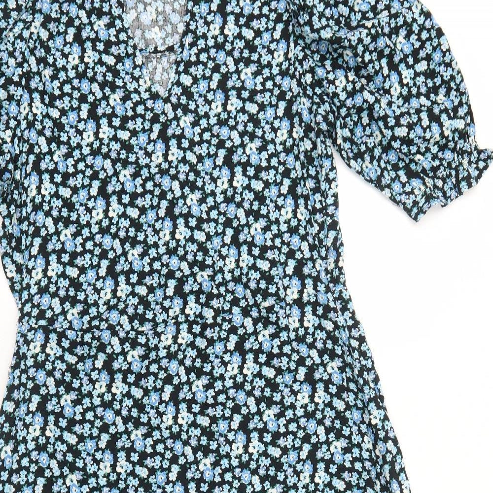 F&F Womens Blue Floral Viscose Trapeze & Swing Size 8 V-Neck Pullover