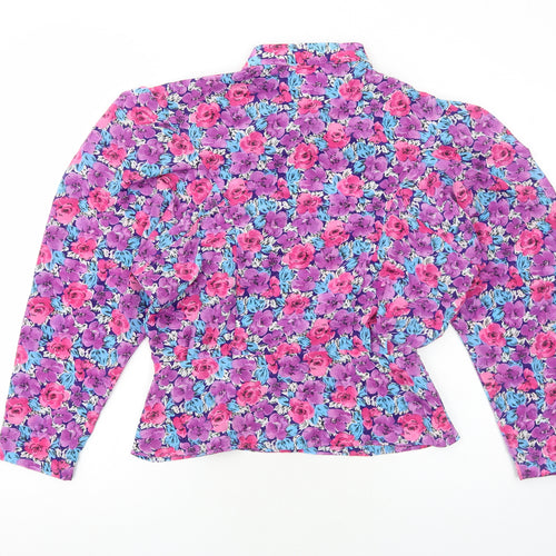 Preworn Womens Purple Floral Polyester Basic Button-Up Size M Collared