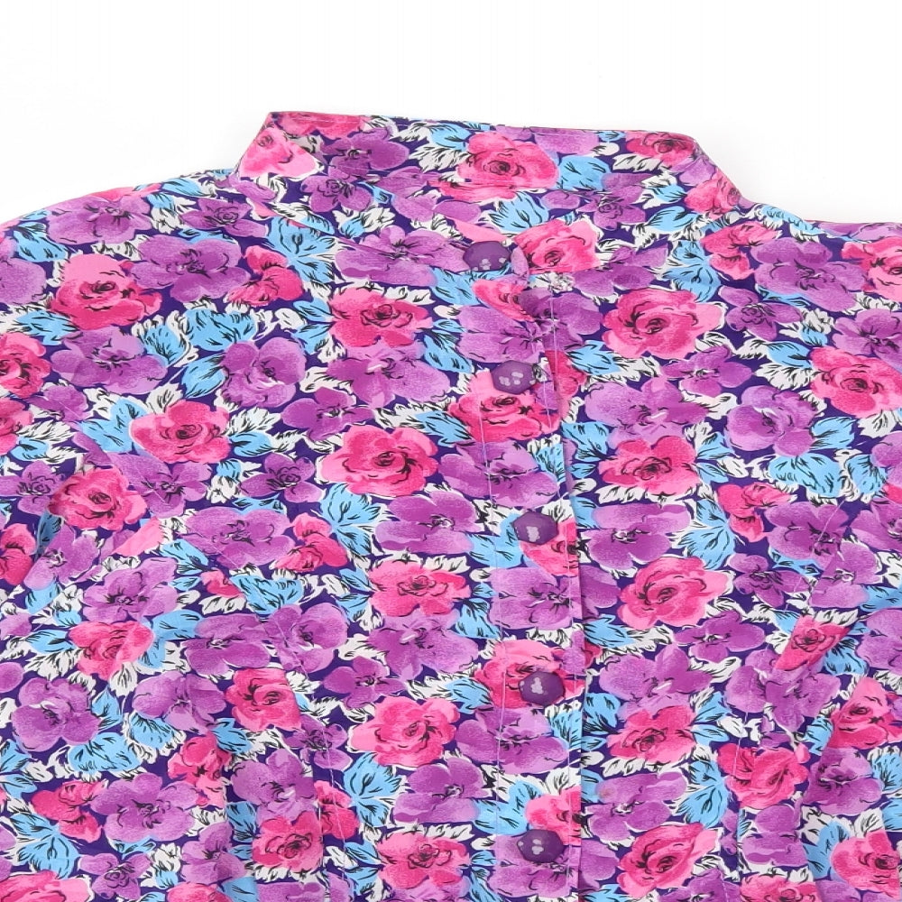 Preworn Womens Purple Floral Polyester Basic Button-Up Size M Collared