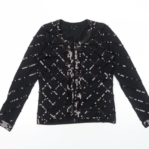 Preworn Womens Black Scoop Neck Geometric Polyester Cardigan Jumper Size 8 - Hook & Eye Closure