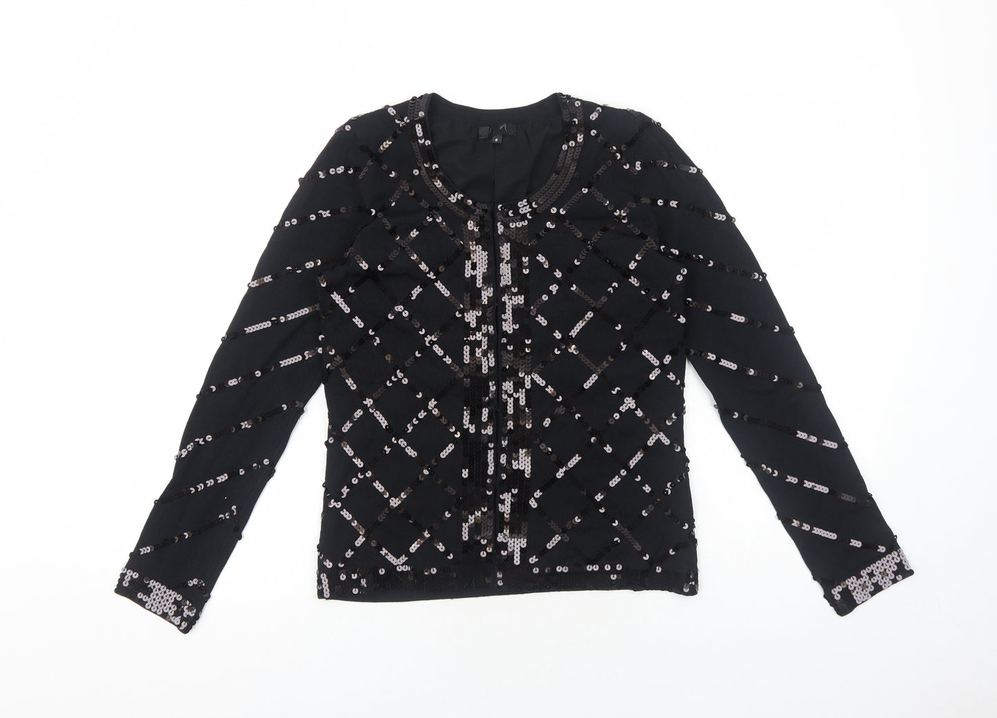 Preworn Womens Black Scoop Neck Geometric Polyester Cardigan Jumper Size 8 - Hook & Eye Closure