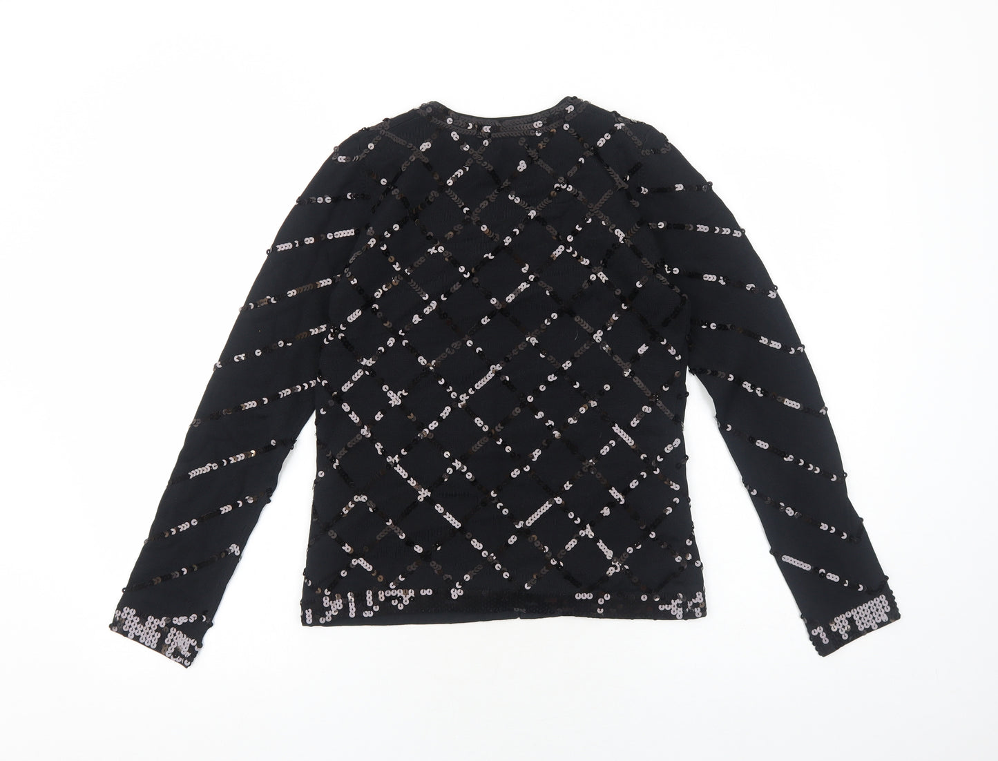 Preworn Womens Black Scoop Neck Geometric Polyester Cardigan Jumper Size 8 - Hook & Eye Closure