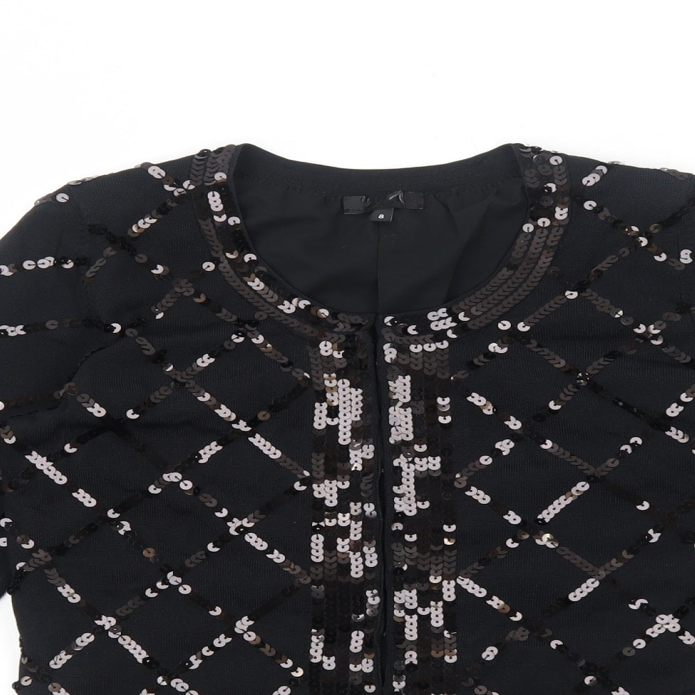 Preworn Womens Black Scoop Neck Geometric Polyester Cardigan Jumper Size 8 - Hook & Eye Closure