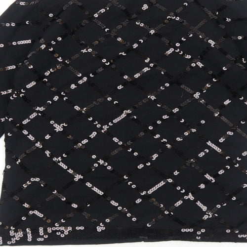 Preworn Womens Black Scoop Neck Geometric Polyester Cardigan Jumper Size 8 - Hook & Eye Closure