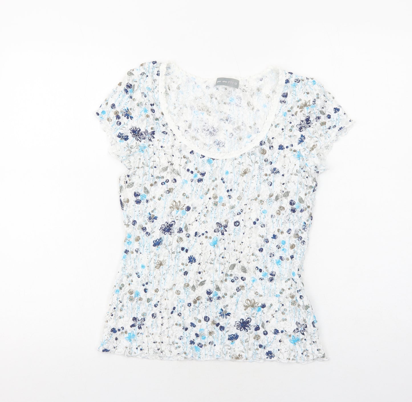 Per Una Womens White Geometric Viscose Basic T-Shirt Size 12 Scoop Neck